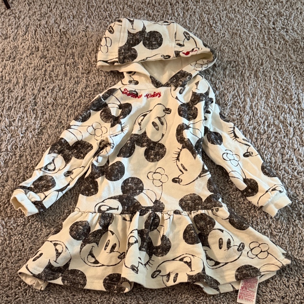 Disney girls Cream & Black Mickey Minnie Mouse Hooded Dress with Ruffled Hem